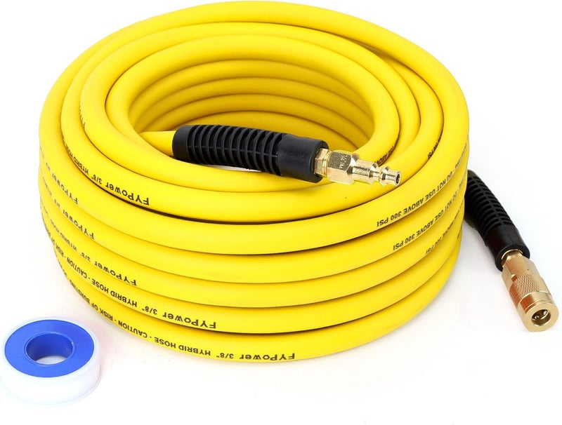 FYPower Air Compressor Hose 3/8 Inch x 50 Feet Hybrid Hose with Fittings, Flexible and Kink Resistant, 1/4" Industrial Quick Coupler and Plug Kit, Yellow - Image 1